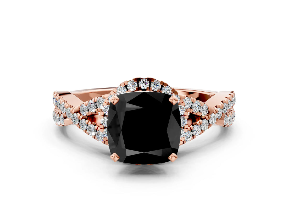 Rose gold Fancy Black Cushion Cut Diamond Halo Twist Band Solitaire Prong Setting Ring