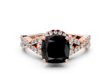 Rose gold Fancy Black Cushion Cut Diamond Halo Twist Band Solitaire Prong Setting Ring