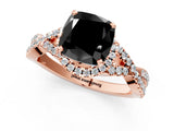 Rose gold Fancy Black Cushion Cut Diamond Halo Twist Band Solitaire Prong Setting Ring_1