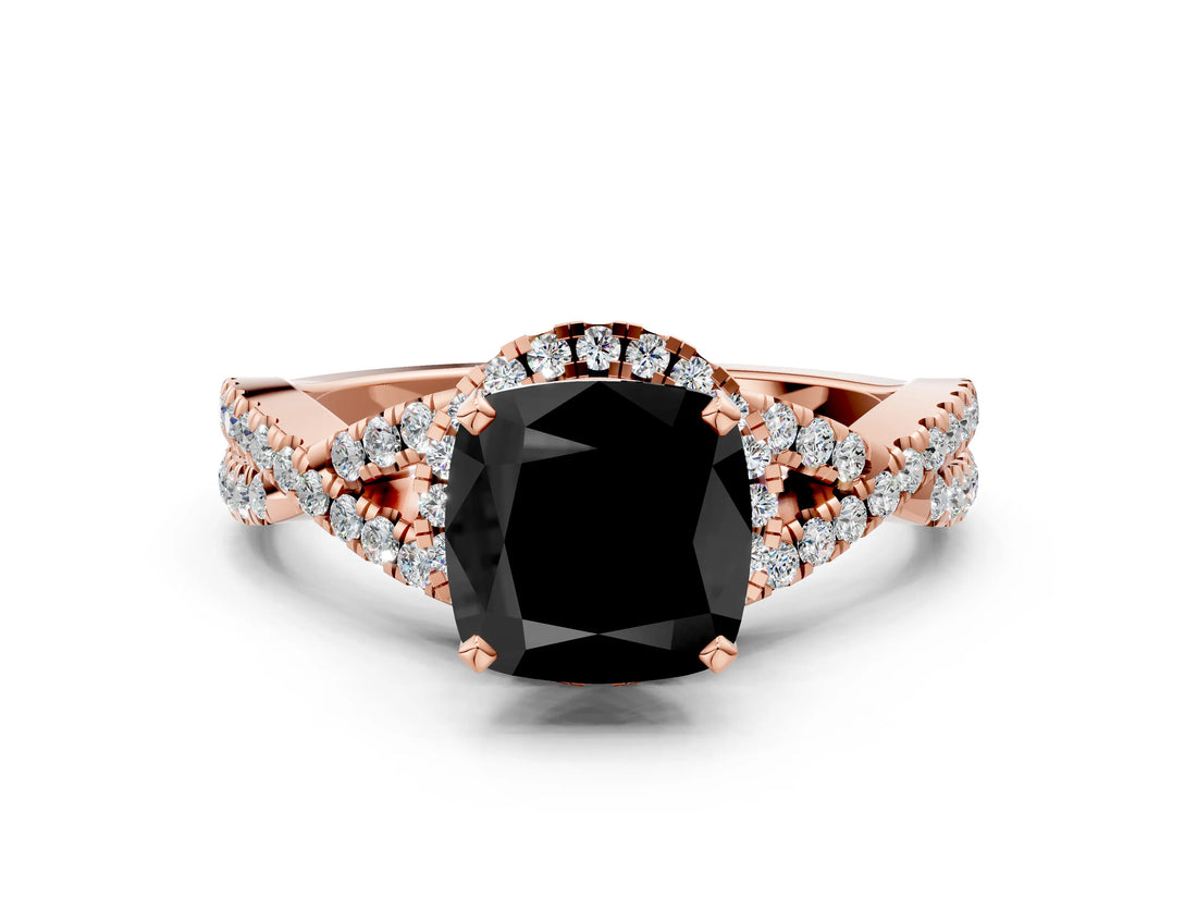 Rose gold Fancy Black Cushion Cut Diamond  Halo Twist Band Solitaire Prong Setting Ring_36