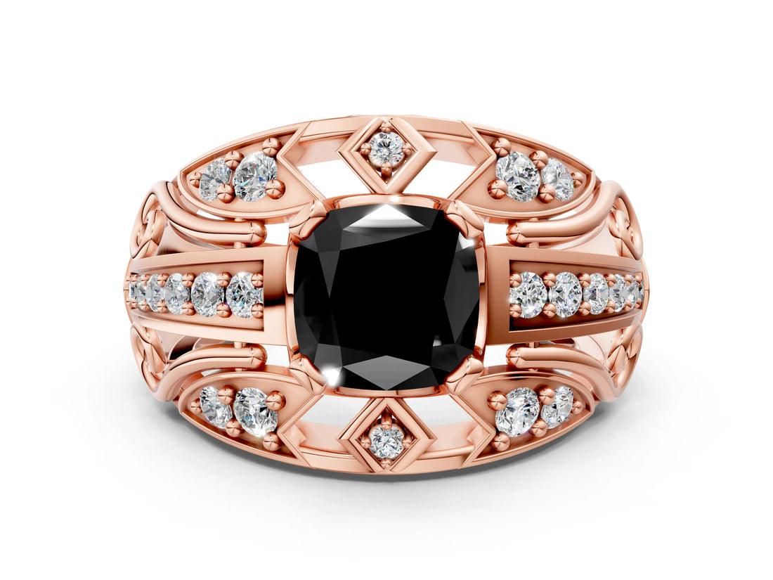 Rose gold Fancy Black Cushion Cut Diamond Pave Art Deco Split Shank Ring with Four-Prong Setting