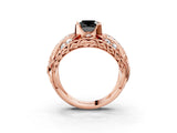 Rose gold Fancy Black Cushion Cut Diamond Pave Art Deco Split Shank Ring with Four-Prong Setting_3