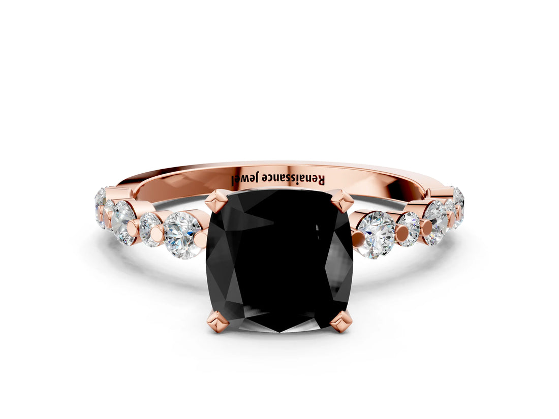 Rose gold Fancy Black Cushion Cut Diamond Prong Set Engagement Ring with Pave Band