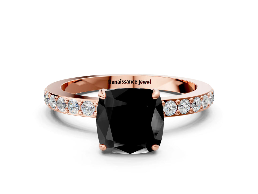 Rose gold Fancy Black Cushion Cut Diamond Ring with Pavé Band and Four-Prong Setting