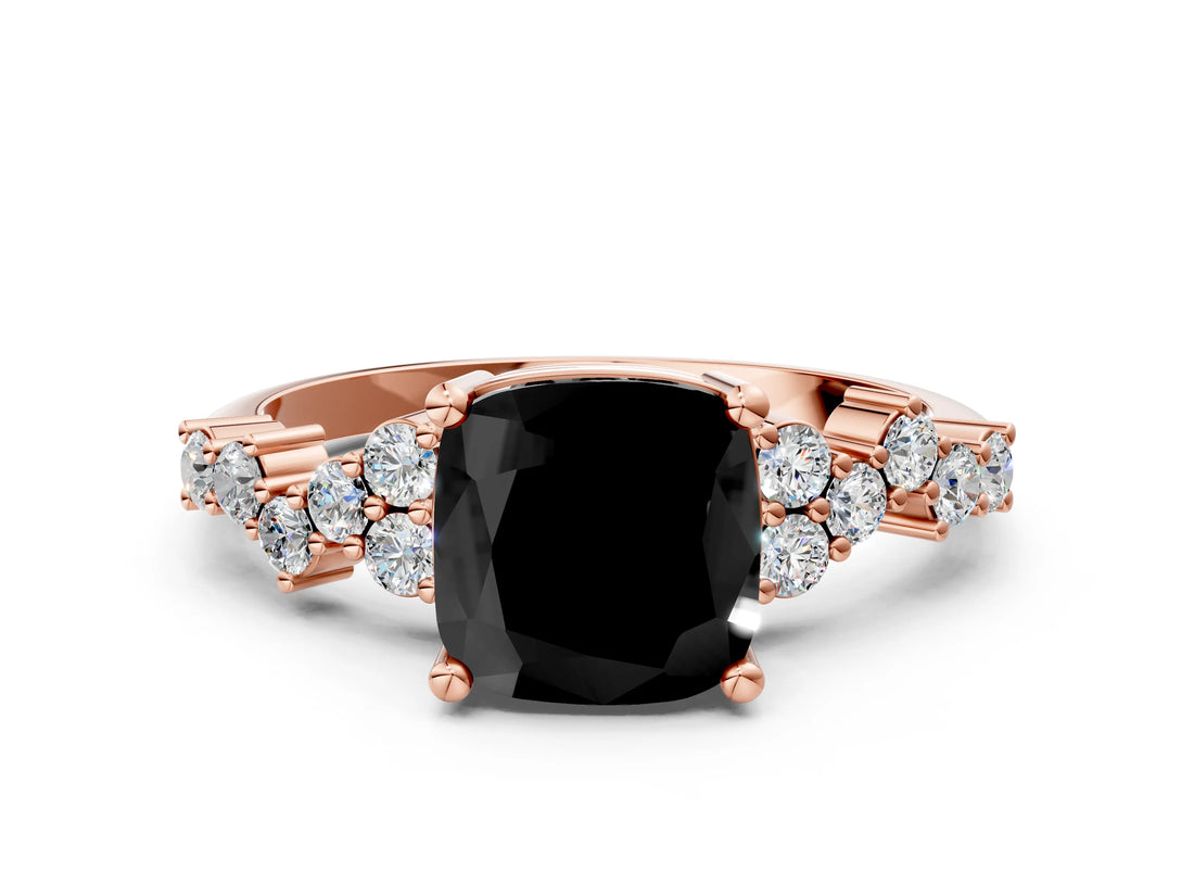 Rose gold Fancy Black Cushion Cut Diamond Scattered Round Accent Ring with Prong Setting_12