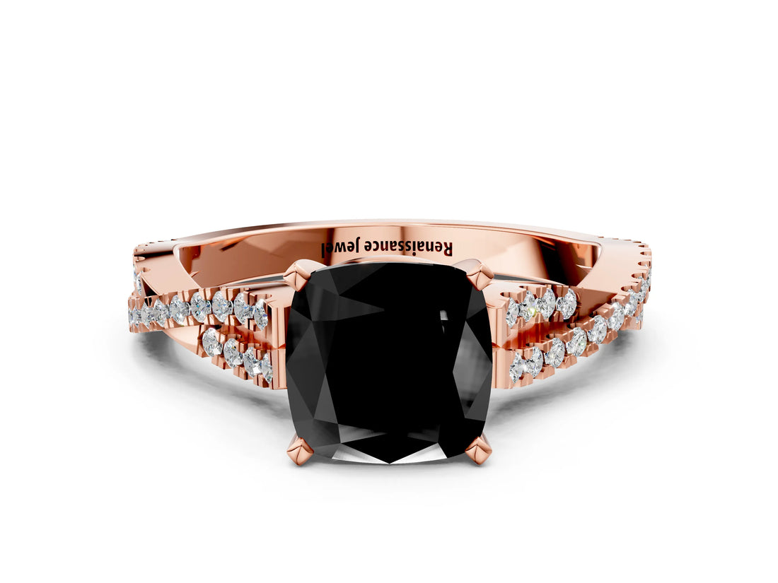 Rose gold Fancy Black Cushion Cut Diamond Solitaire Engagement Ring with Twisted Pavé Band and Four-Prong Setting_36