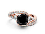 Rose gold Fancy Black Cushion Cut Diamond Solitaire Ring with Filigree Band and Four-Prong Setting