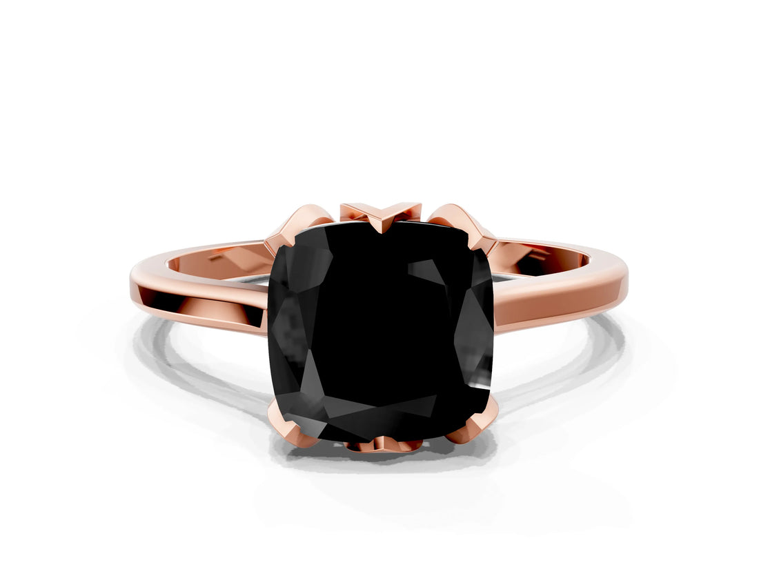 Rose gold Fancy Black Cushion Cut Diamond Solitaire Ring with Flower Prong Setting and Classic Band_36