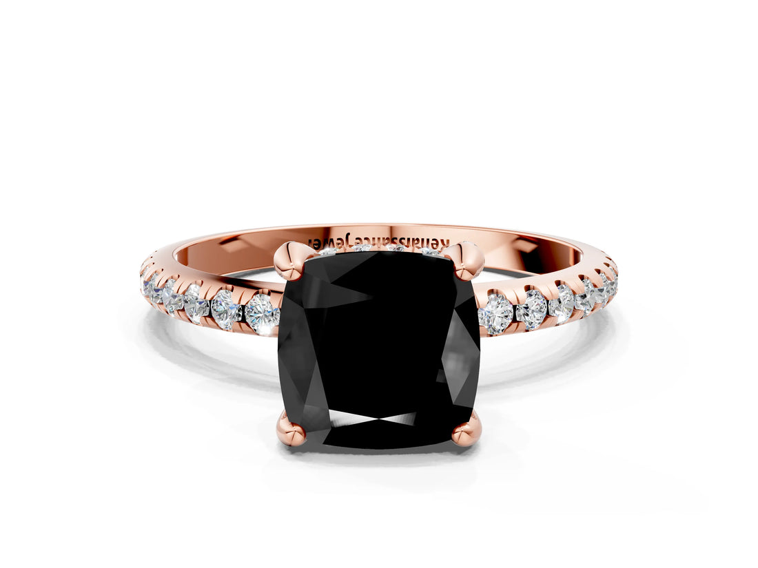 Rose gold Fancy Black Cushion Cut Diamond Solitaire Ring with Four-Prong Setting and Pavé Band_3
