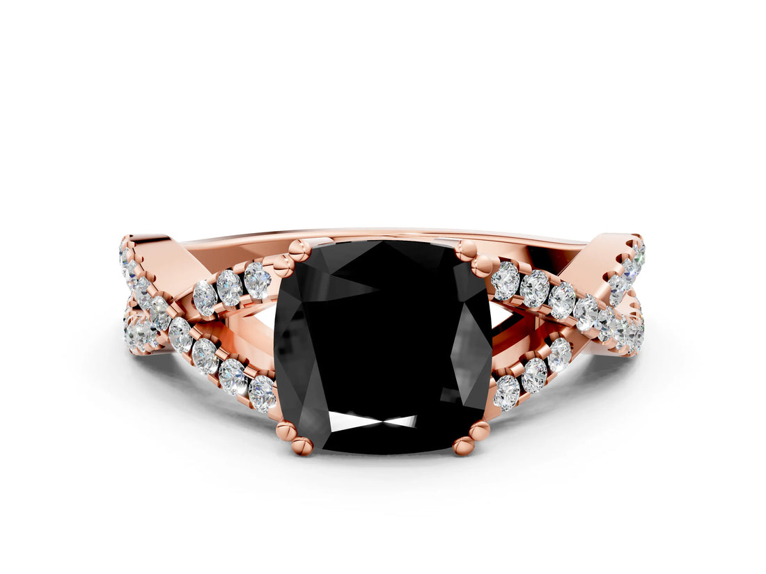 Rose gold Fancy Black Cushion Cut Diamond Solitaire Ring with Four-Prong Setting and Twisted Pavé Band
