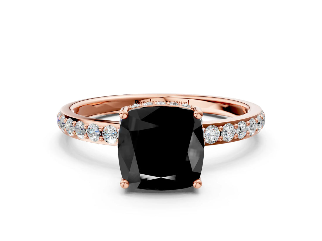 Rose gold Fancy Black Cushion Cut Diamond Solitaire Ring with Pavé Band and Hidden Halo_12