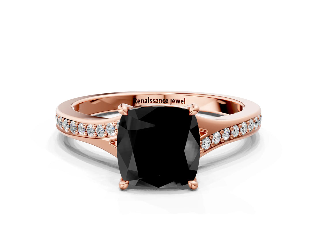 Rose gold Fancy Black Cushion Cut Diamond Solitaire Ring with Pavé Band and Prong Setting_12
