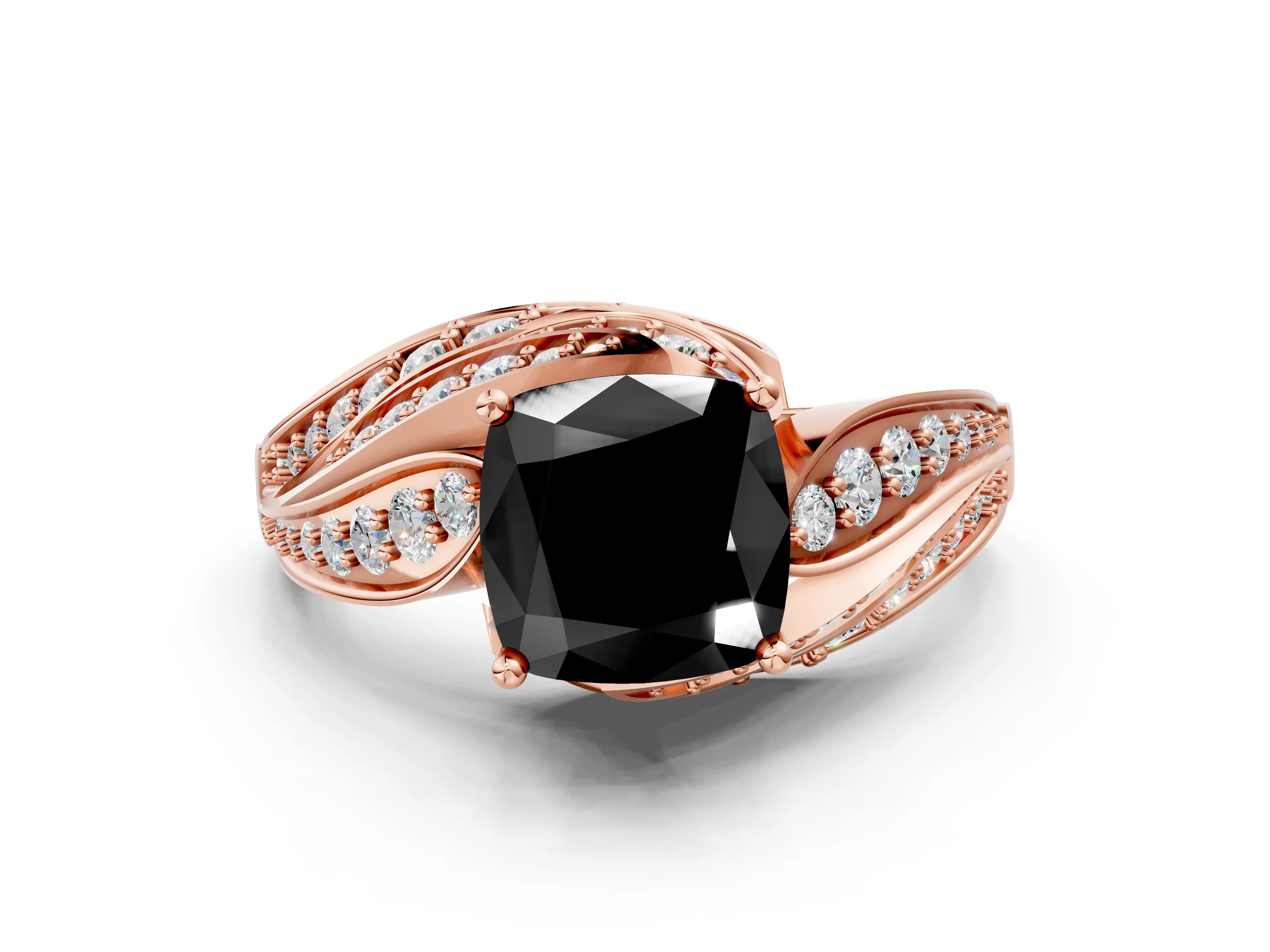 Rose gold Fancy Black Cushion Cut Diamond Solitaire Ring with Prong Setting and Twisted Pavé Band