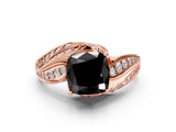 Rose gold Fancy Black Cushion Cut Diamond Solitaire Ring with Prong Setting and Twisted Pavé Band