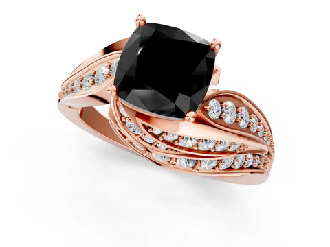 Rose gold Fancy Black Cushion Cut Diamond Solitaire Ring with Prong Setting and Twisted Pavé Band_1