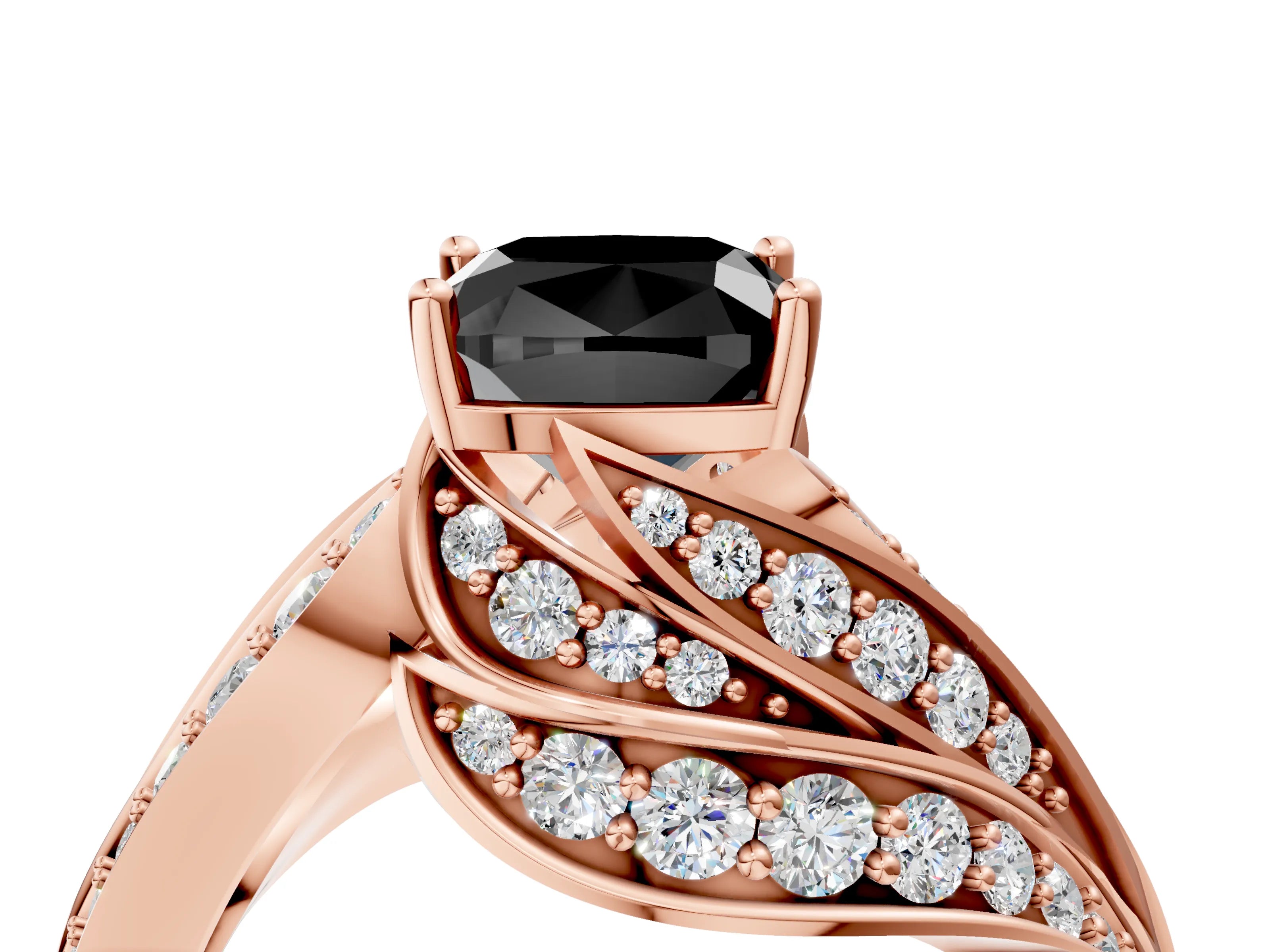 Rose gold Fancy Black Cushion Cut Diamond Solitaire Ring with Prong Setting and Twisted Pavé Band_4