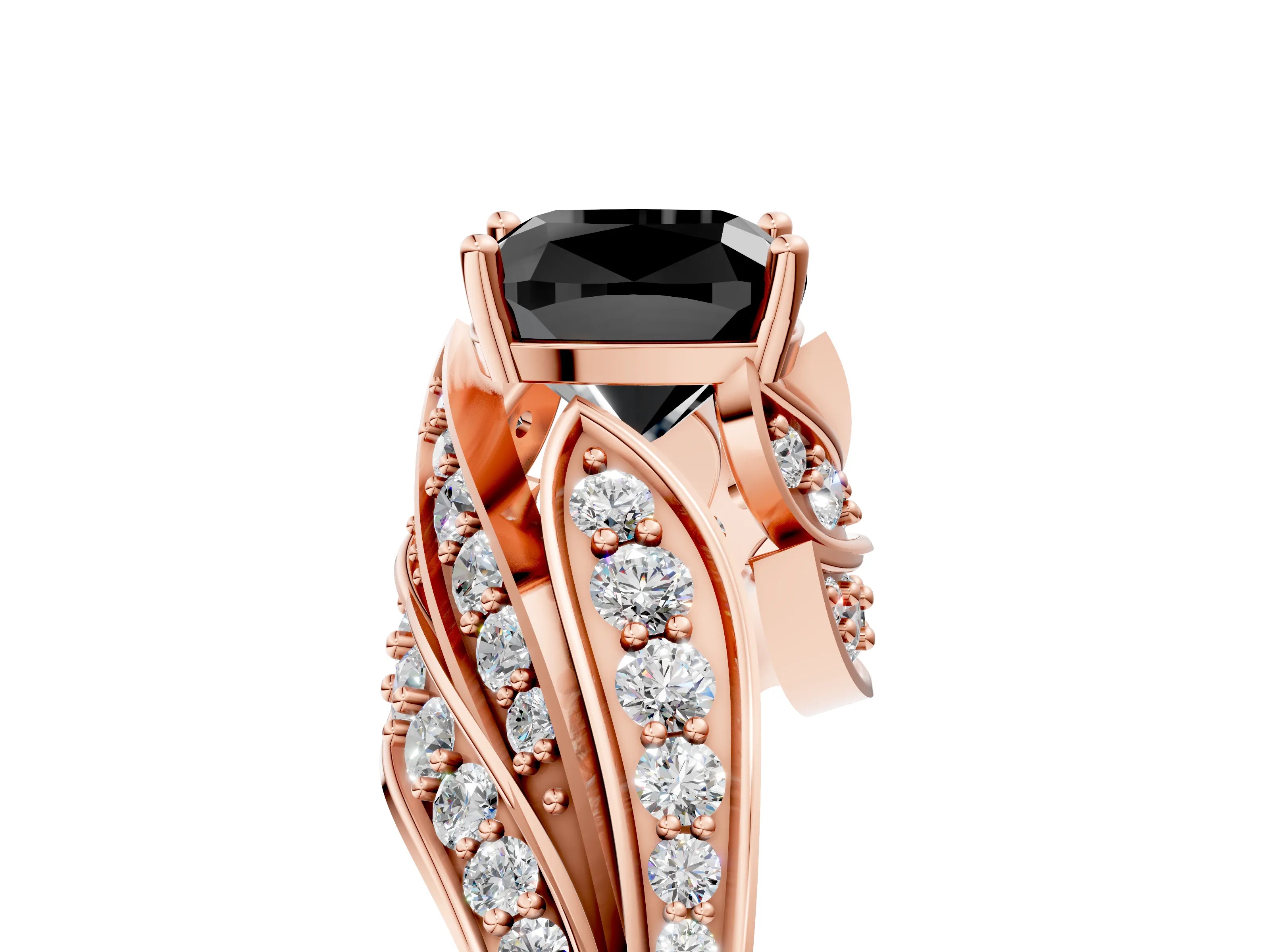 Rose gold Fancy Black Cushion Cut Diamond Solitaire Ring with Prong Setting and Twisted Pavé Band_5
