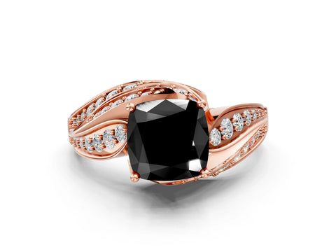 Rose gold Fancy Black Cushion Cut Diamond Solitaire Ring with Prong Setting and Twisted Pavé Band