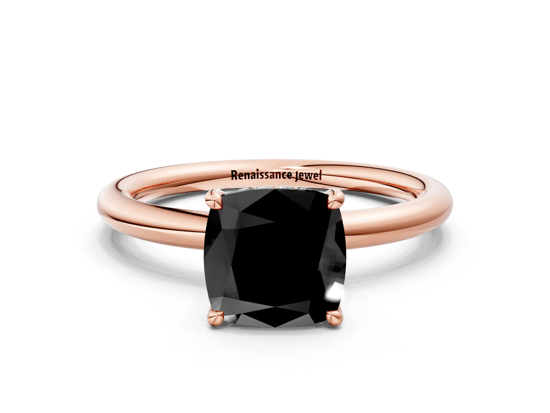 Rose gold Fancy Black Cushion Cut Diamond Solitaire Ring with Thin Band and Four-Prong Setting