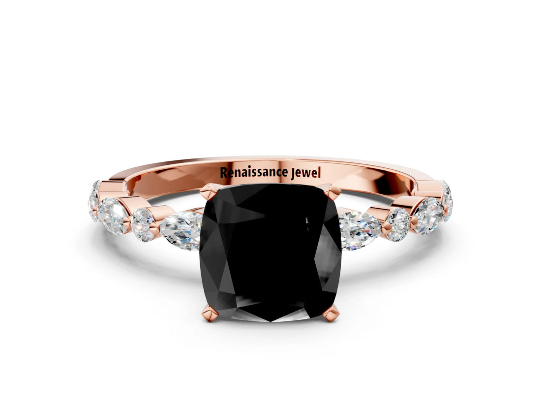 Rose gold Fancy Black Cushion Cut Diamond Solitaire with Side Stones on a Pavé Band and Four-Prong Setting