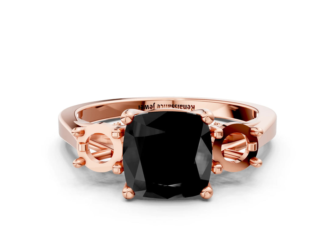 Rose gold Fancy Black Cushion Cut Diamond Three-Stone Engagement Ring with Prong Setting and Pavé Band