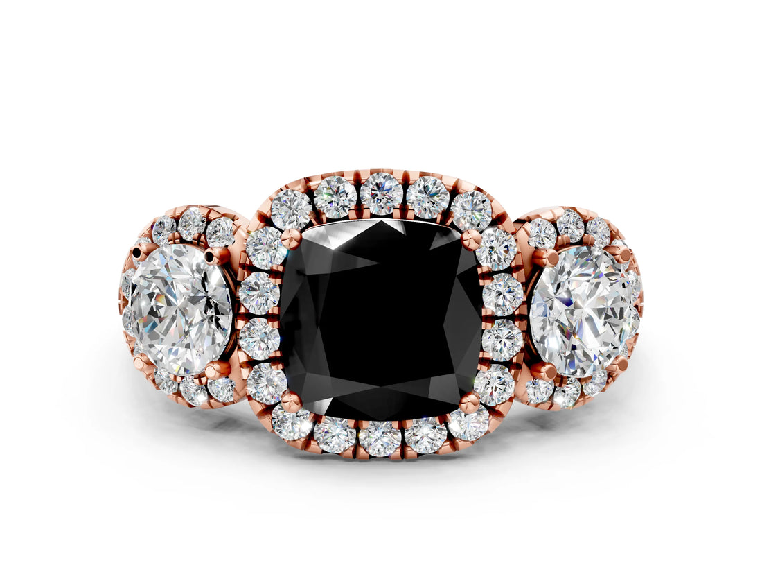 Rose gold Fancy Black Cushion Cut Diamond Three-Stone Halo Ring with Prong Setting and Pavé Accents