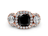 Rose gold Fancy Black Cushion Cut Diamond Three-Stone Halo Ring with Prong Setting and Pavé Accents