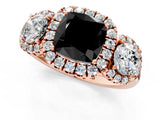Rose gold Fancy Black Cushion Cut Diamond Three-Stone Halo Ring with Prong Setting and Pavé Accents_1