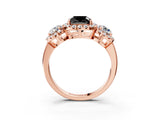 Rose gold Fancy Black Cushion Cut Diamond Three-Stone Halo Ring with Prong Setting and Pavé Accents_3