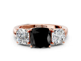 Rose gold Fancy Black Cushion Cut Diamond Three-Stone Ring with Four-Prong Setting and Classic Band
