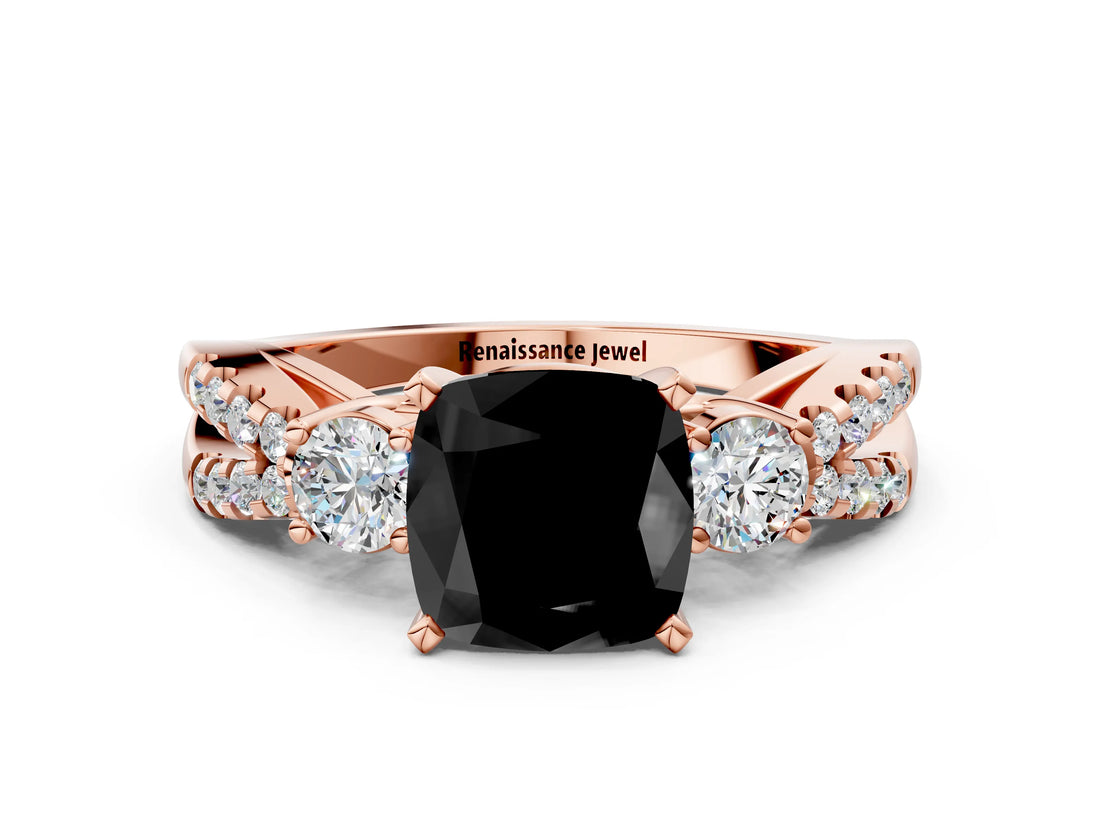Rose gold Fancy Black Cushion Cut Diamond Three-Stone Ring with Pavé Split Shank and Four-Prong Setting