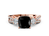 Rose gold Fancy Black Cushion Cut Diamond Three-Stone Ring with Pavé Split Shank and Four-Prong Setting