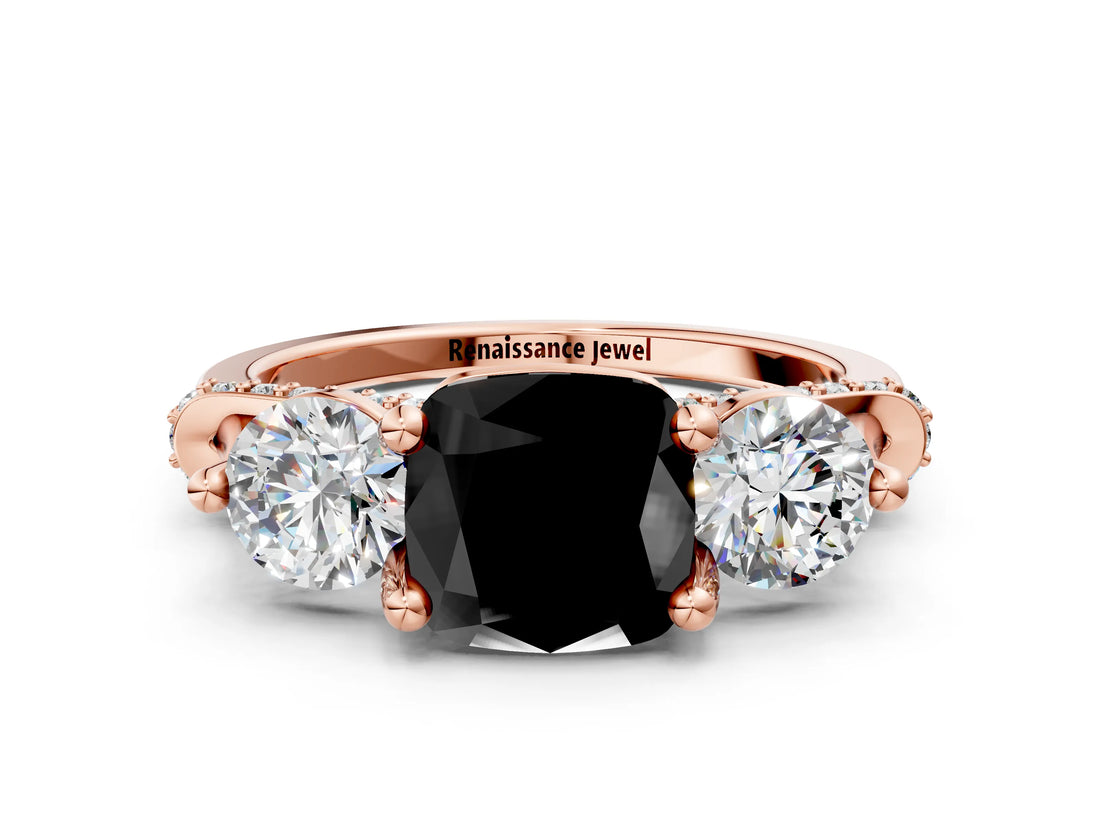 Rose gold Fancy Black Cushion Cut Diamond Three-Stone Ring with Prong Setting and Pavé Band