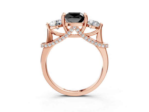 Rose Gold Cushion Cut Curved Pave Three Stone Engagement Ring Setting for Black Center