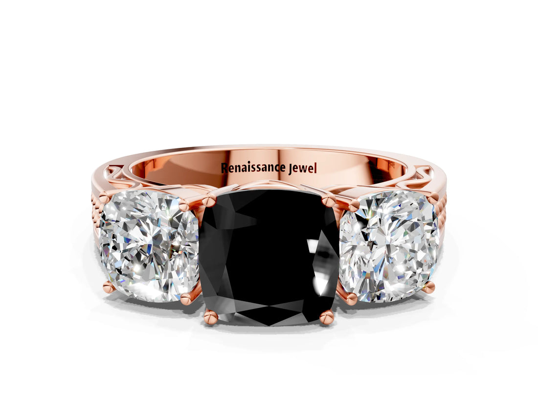 Rose gold Fancy Black Cushion Cut Diamond Three-Stone Ring with Prong Setting and Textured Band