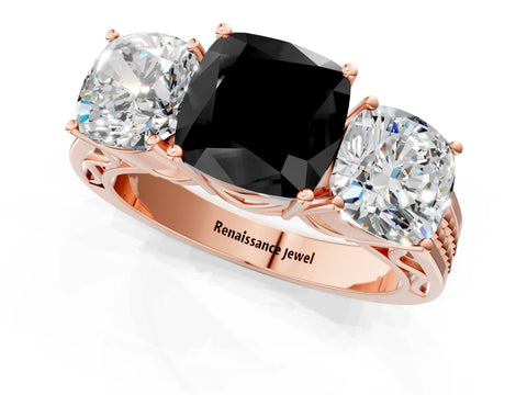 Rose gold Fancy Black Cushion Cut Diamond Three-Stone Ring with Prong Setting and Textured Band_1