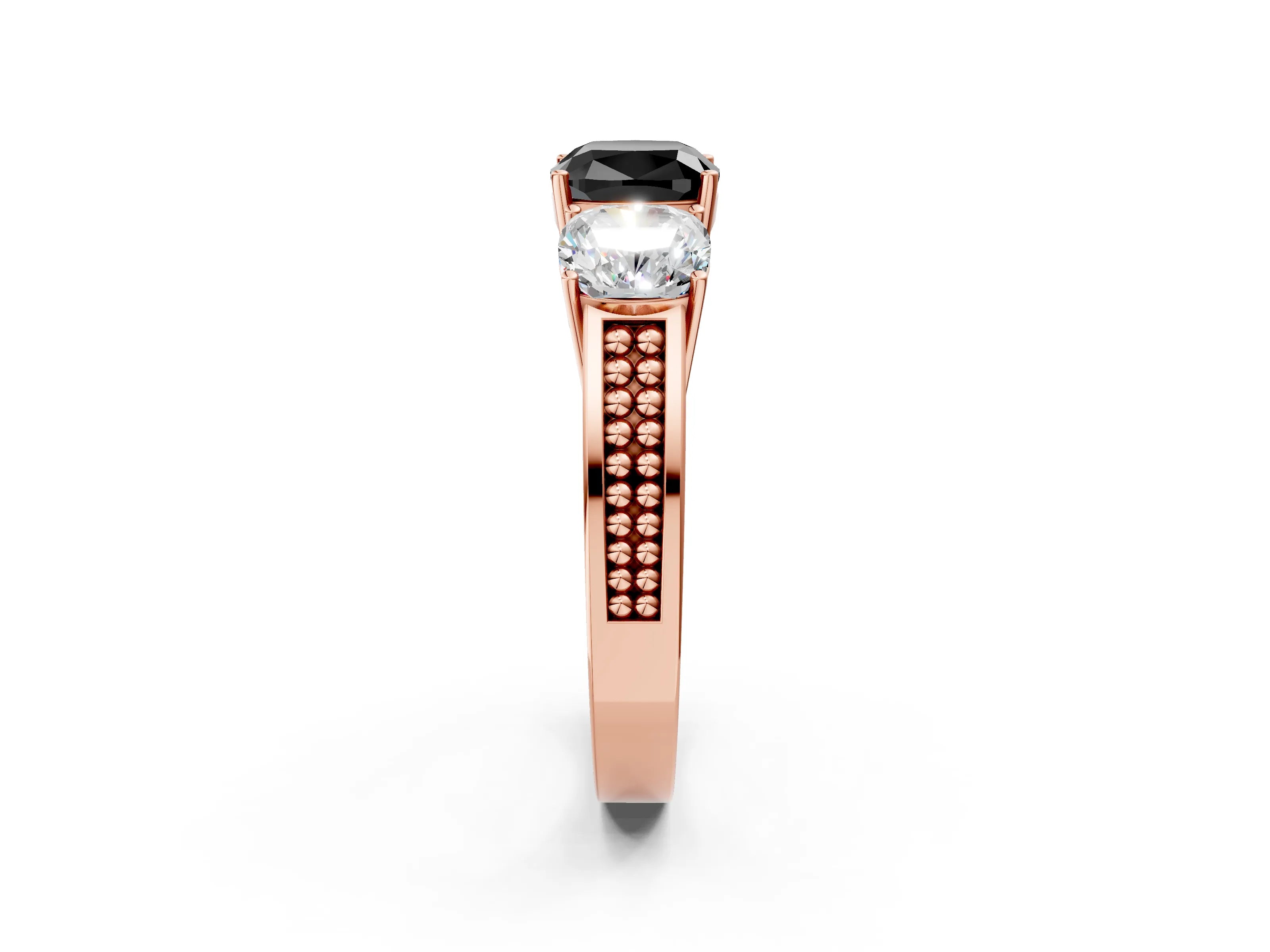 Rose gold Fancy Black Cushion Cut Diamond Three-Stone Ring with Prong Setting and Textured Band_2