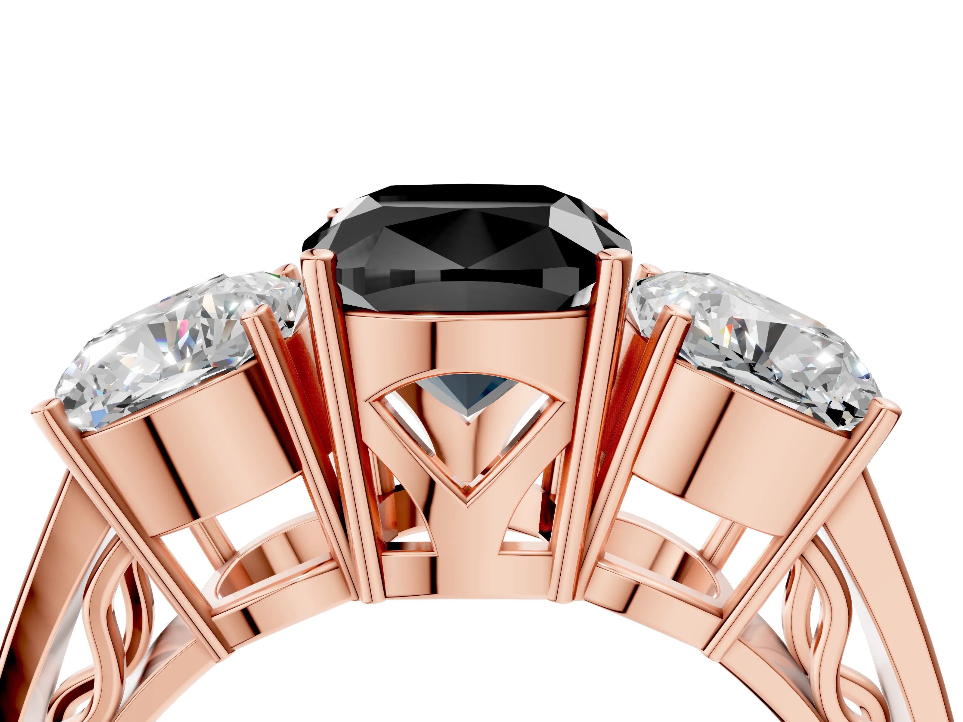 Rose gold Fancy Black Cushion Cut Diamond Three-Stone Ring with Prong Setting and Textured Band_4
