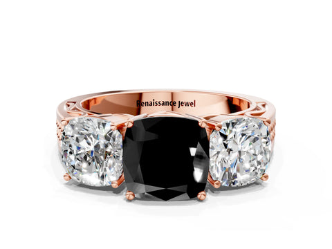 Rose gold Fancy Black Cushion Cut Diamond Three-Stone Ring with Prong Setting and Textured Band