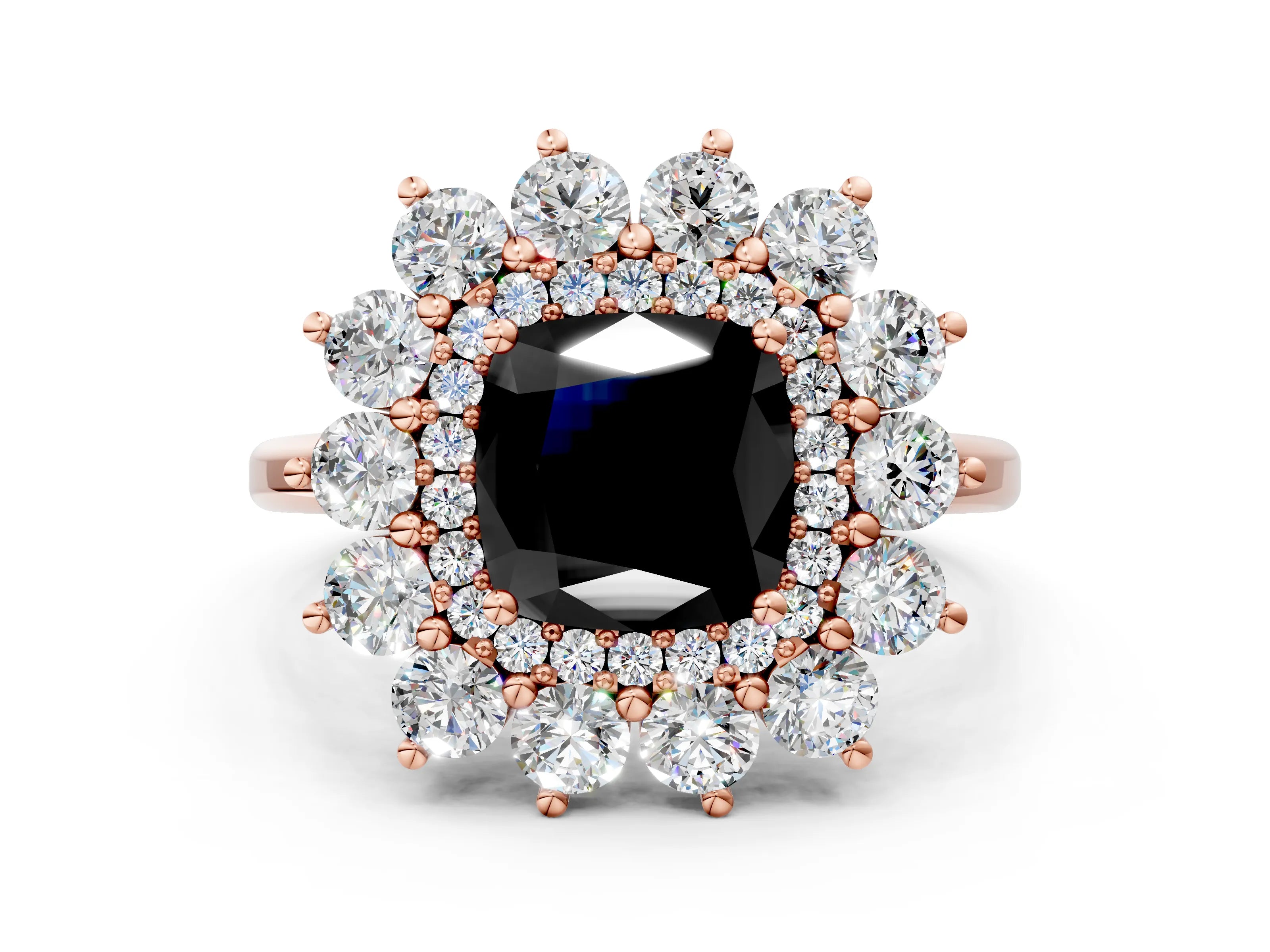 Rose gold Fancy Black Cushion Cut Halo Cluster Diamond Ring with Pave Band and Four-Prong Setting