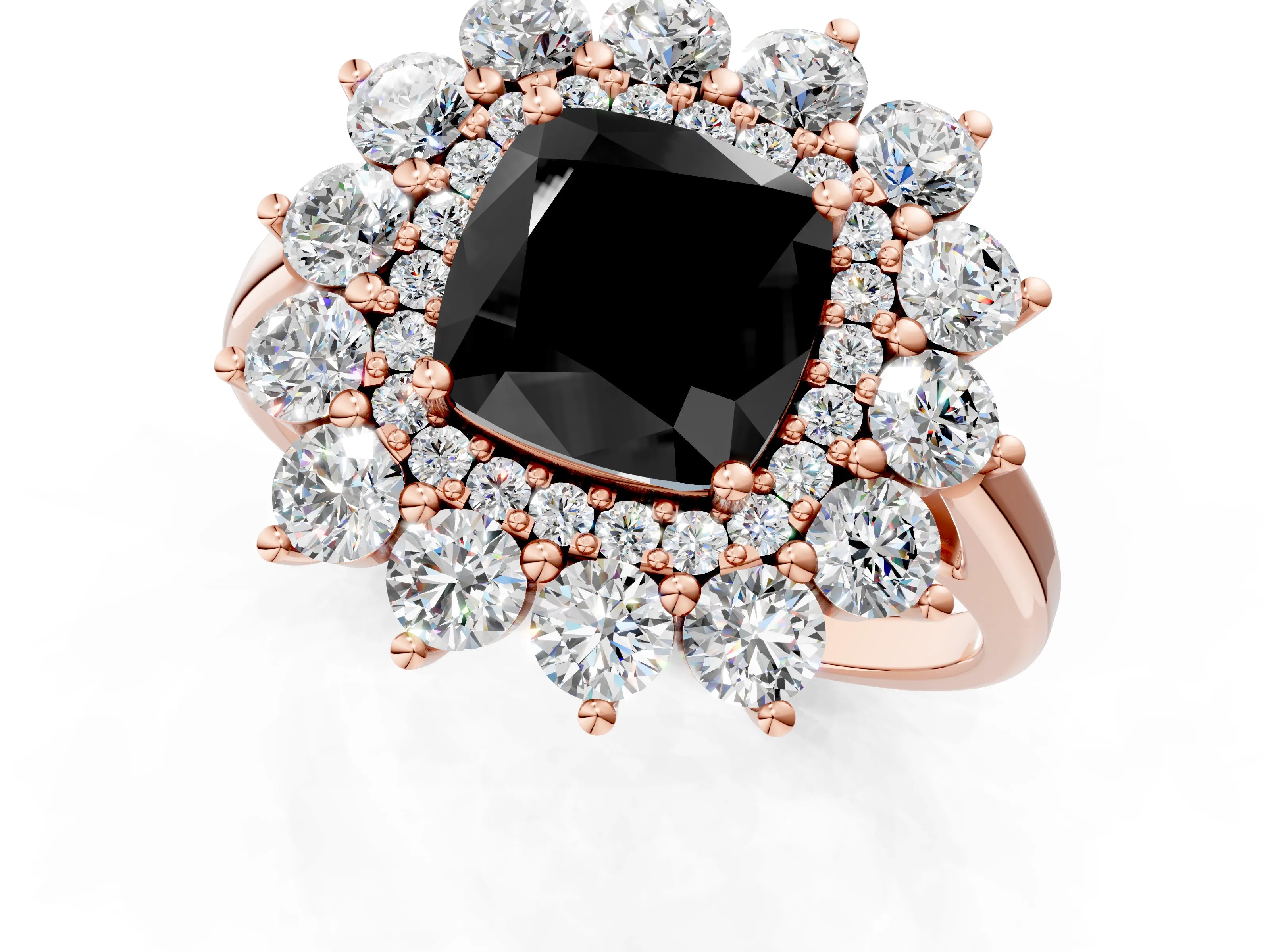 Rose gold Fancy Black Cushion Cut Halo Cluster Diamond Ring with Pave Band and Four-Prong Setting_1