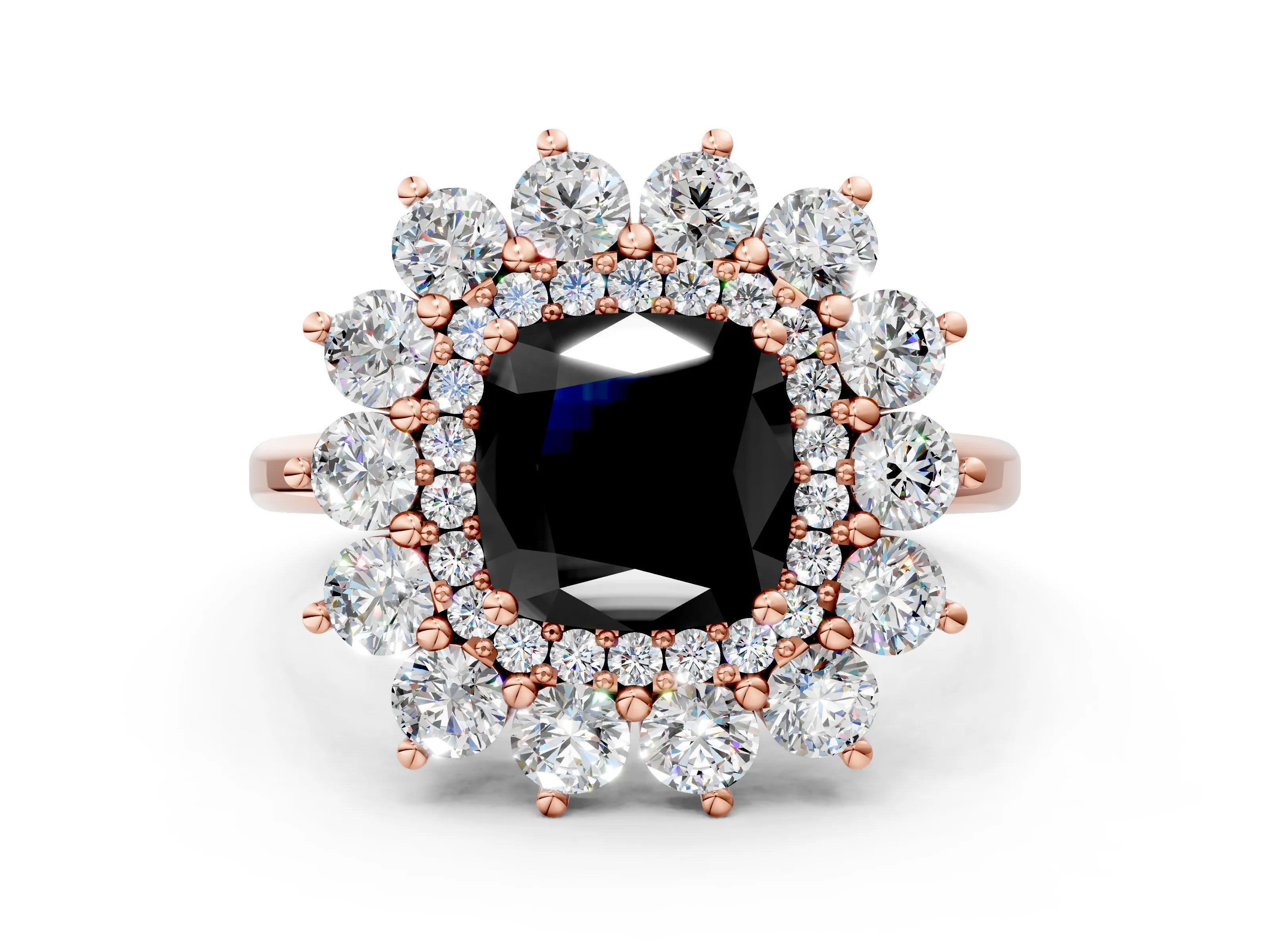 Rose gold Fancy Black Cushion Cut Halo Cluster Diamond Ring with Pave Band and Four-Prong Setting_12