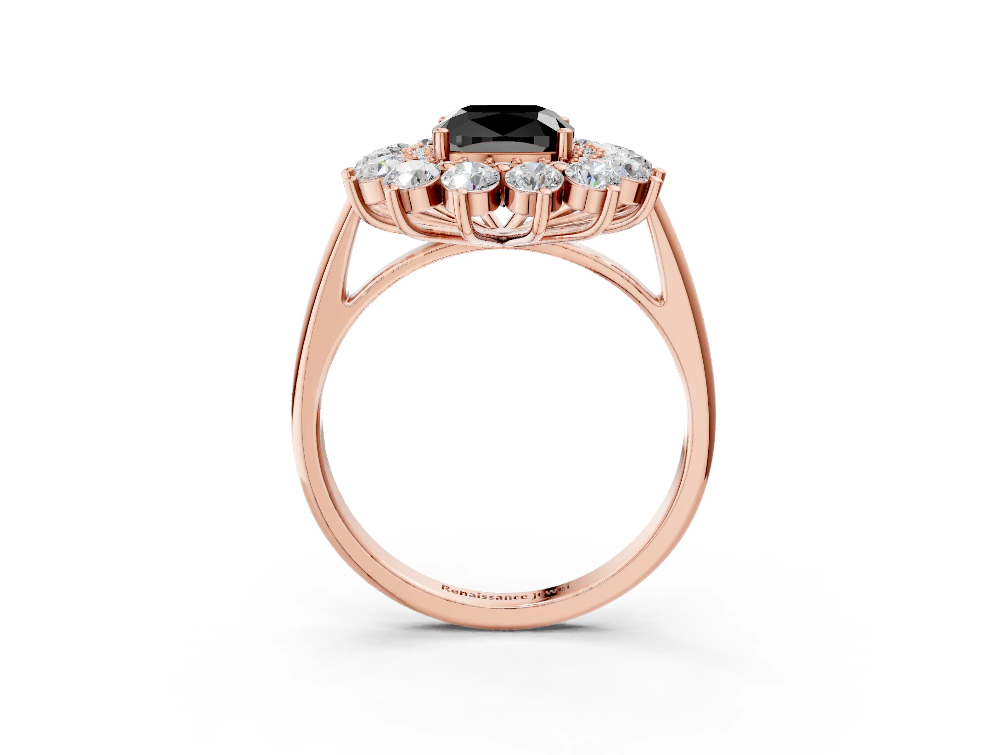 Rose gold Fancy Black Cushion Cut Halo Cluster Diamond Ring with Pave Band and Four-Prong Setting_15