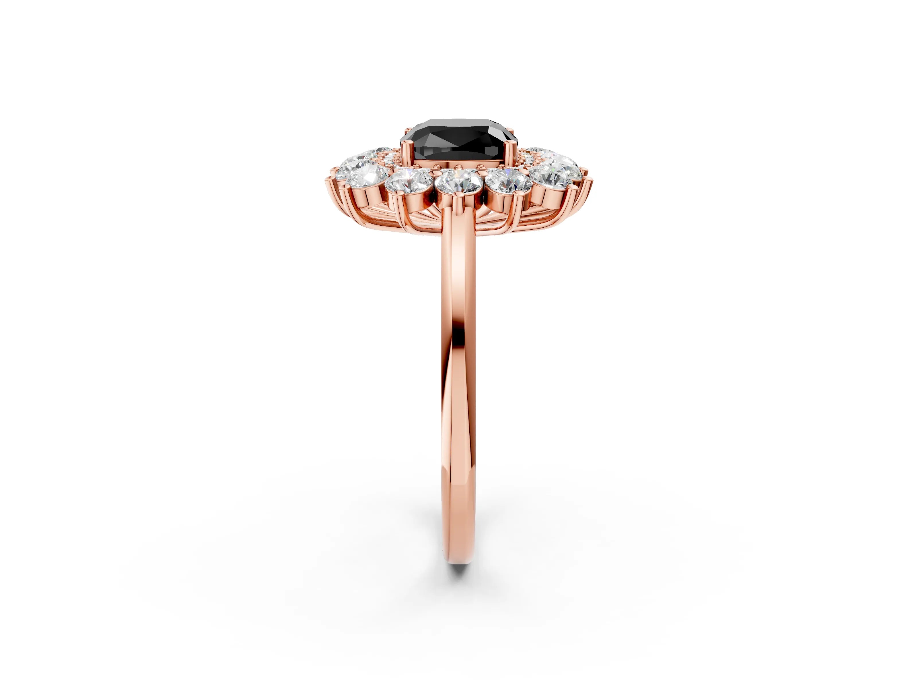 Rose gold Fancy Black Cushion Cut Halo Cluster Diamond Ring with Pave Band and Four-Prong Setting_2