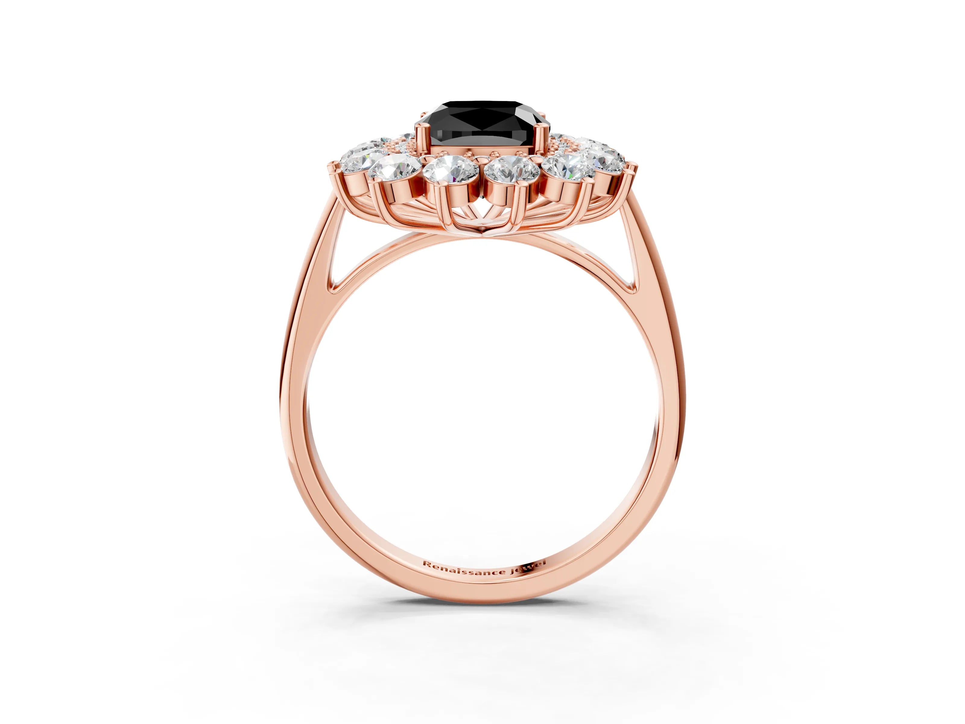 Rose gold Fancy Black Cushion Cut Halo Cluster Diamond Ring with Pave Band and Four-Prong Setting_3