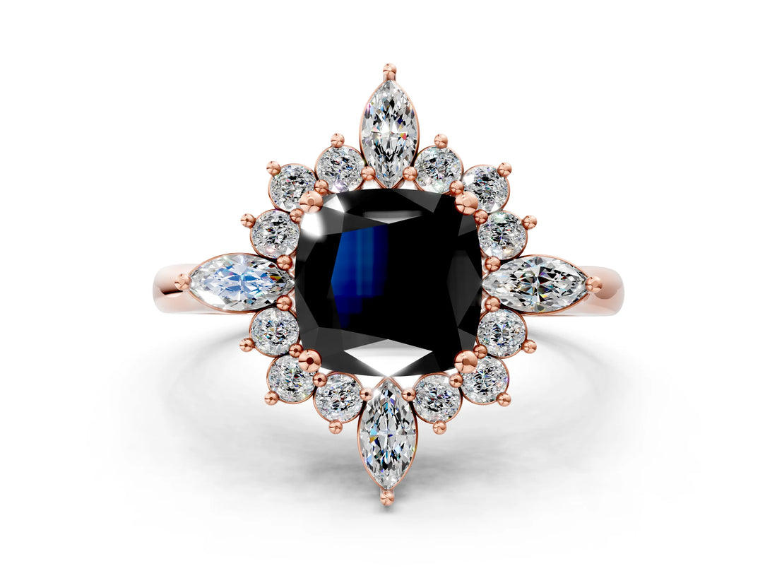 Rose gold Fancy Black Cushion Cut Halo Diamond Cluster Ring with Marquise and Round Stones on a White Gold Band with Prong Setting