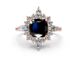 Rose gold Fancy Black Cushion Cut Halo Diamond Cluster Ring with Marquise and Round Stones on a White Gold Band with Prong Setting