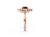 Rose gold Fancy Black Cushion Cut Halo Diamond Cluster Ring with Marquise and Round Stones on a White Gold Band with Prong Setting_2