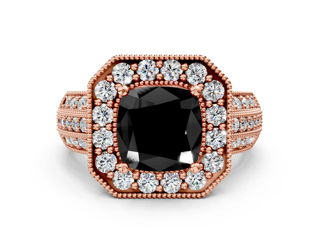 Rose gold Fancy Black Cushion Cut Halo Diamond Engagement Ring with Pave Split Shank and Four-Prong Setting