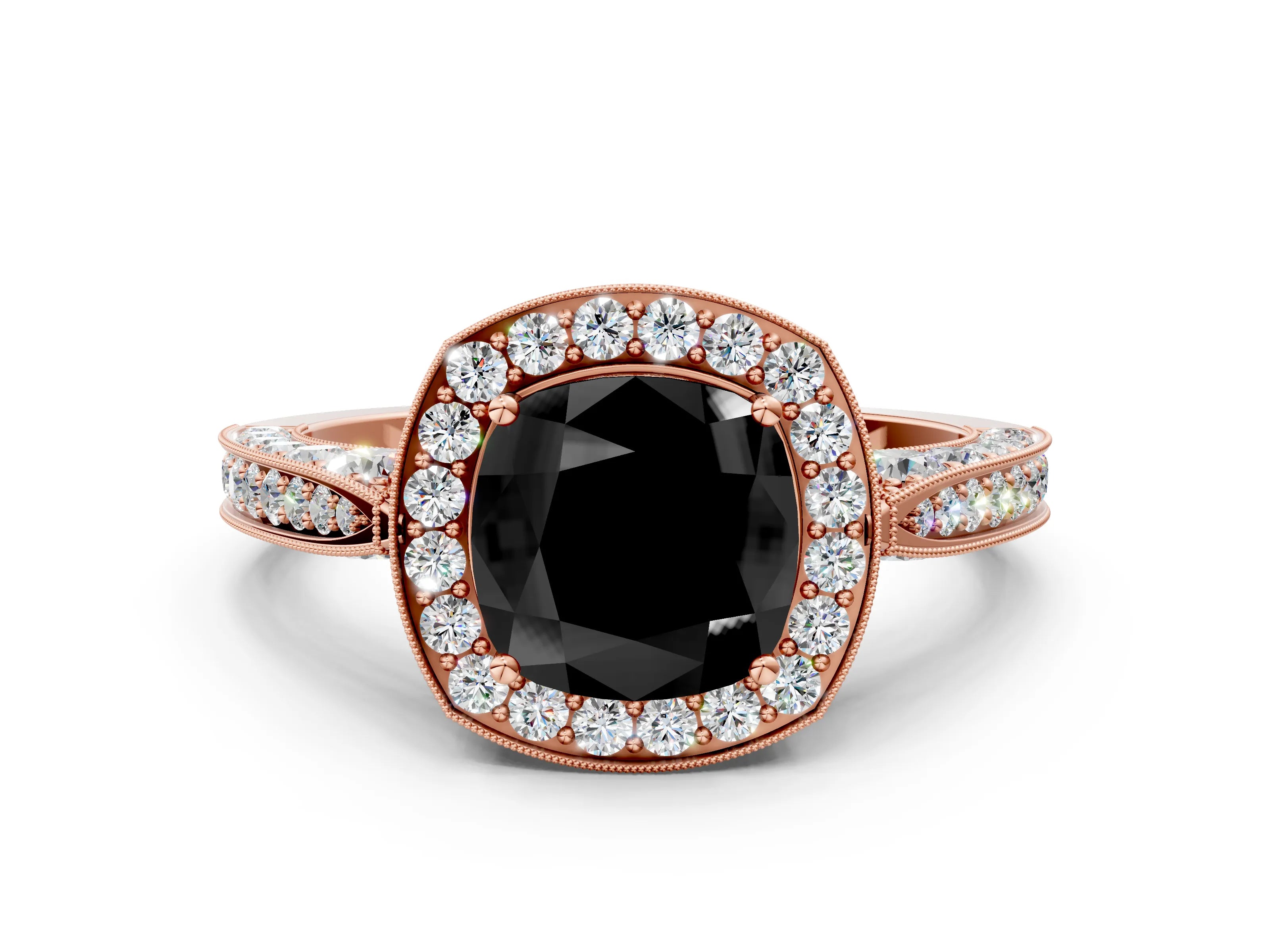 Rose gold Fancy Black Cushion Cut Halo Diamond Engagement Ring with Split Shank Band and Four-Prong Setting